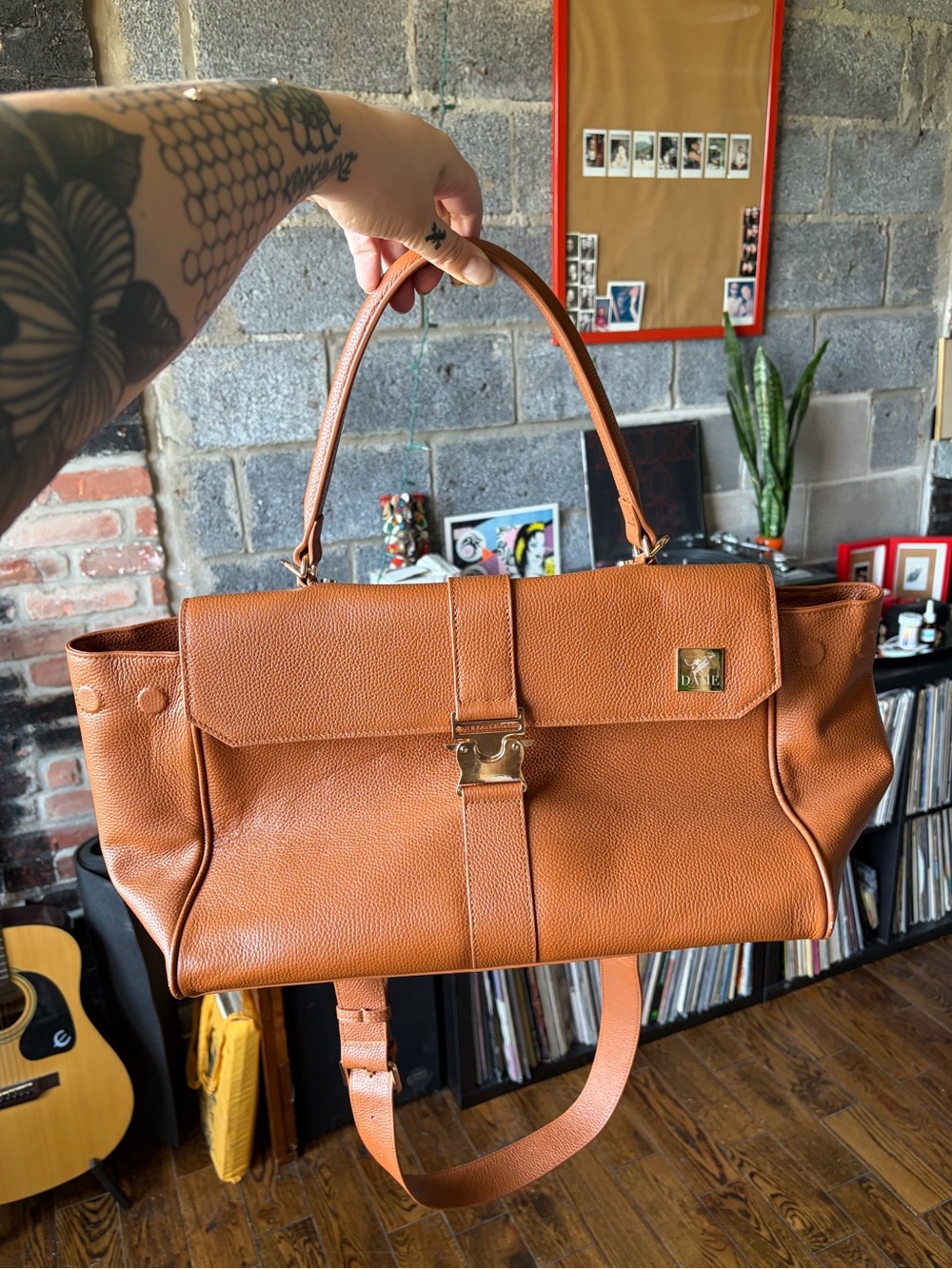 Tan Leather Structured Satchel with Top Handle and Strap